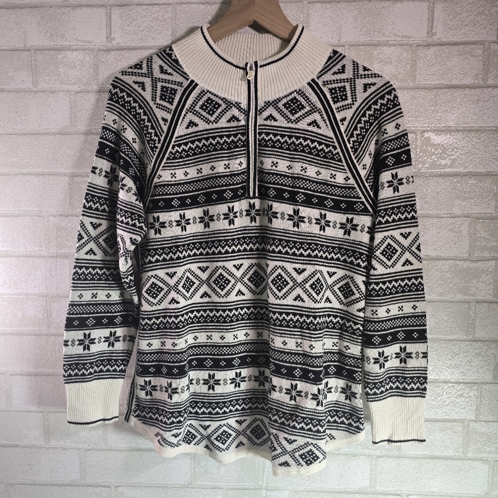 Talbots Fair Isle Sweater Petite Black & White 1/4 Zip Knit Thermawarmth Large